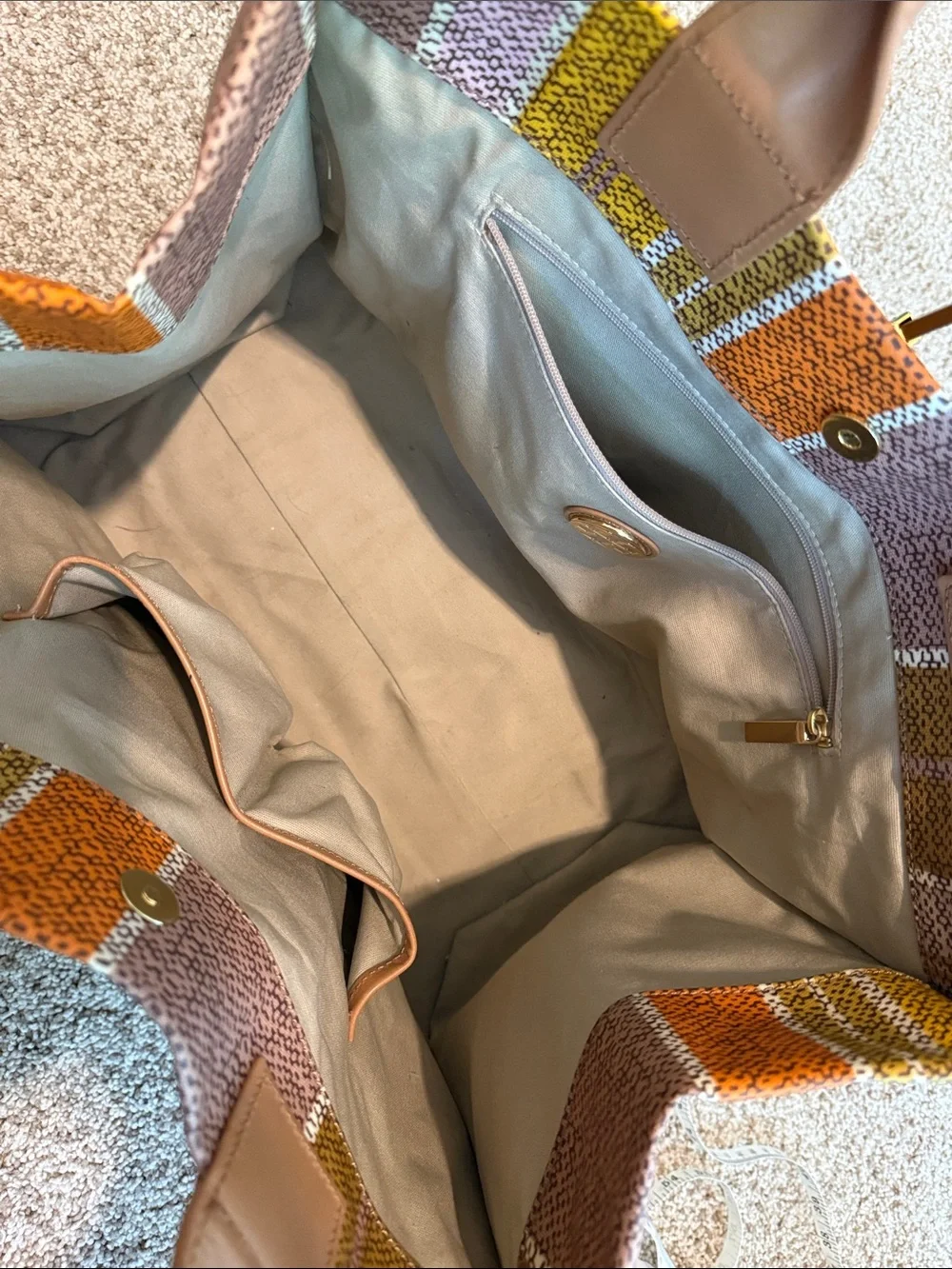 Tory Burch Striped Multicolor Canvas Tote with Tan Leather Trim